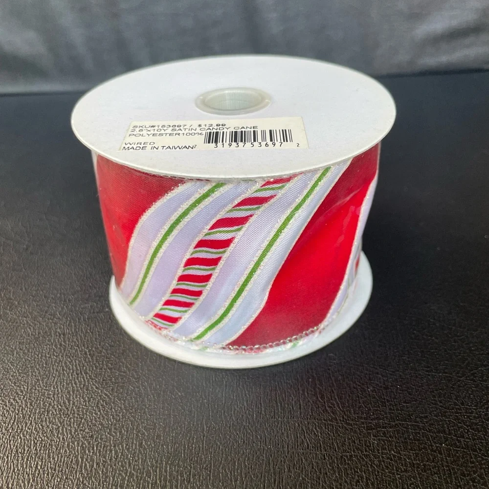 Festive Red, White and Green Candy Cane Striped Wired Ribbon